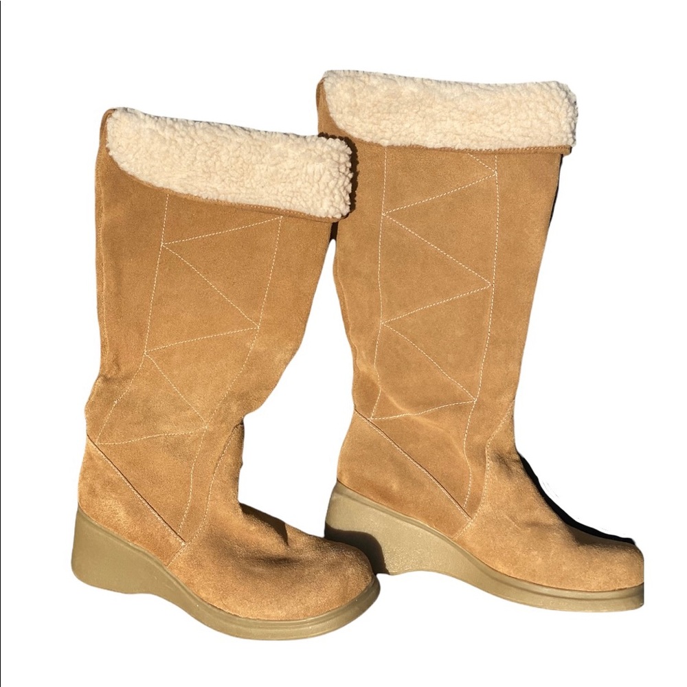 Like New Bongo Tan Mid Calf Wedge Heeled Boot with Faux Fur Trim Size 8